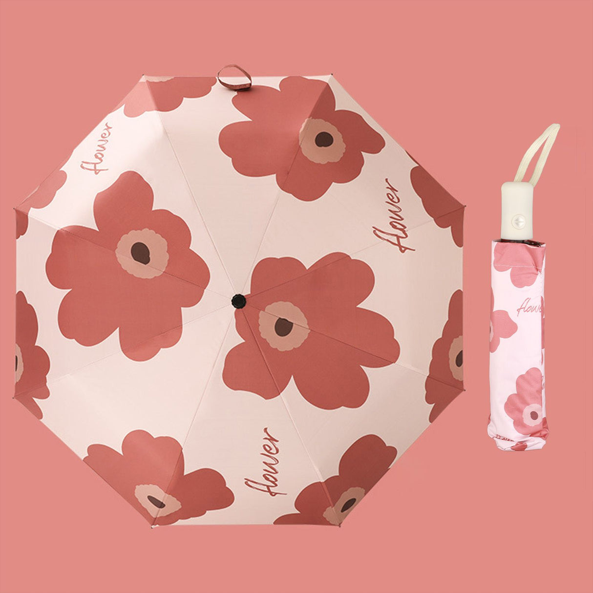 Flower Pattern Folding Umbrella UV Protection Foldable Rain Shine Dual Use Sun Umbrella for Travelling Red
