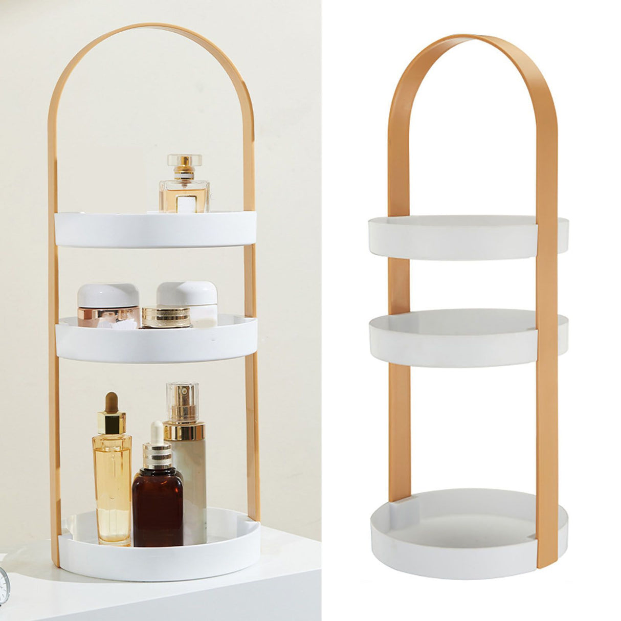 3 Layers Round Storage Rack Integral Handle 3 Layer Storage Round Stand for Bathroom Apricot