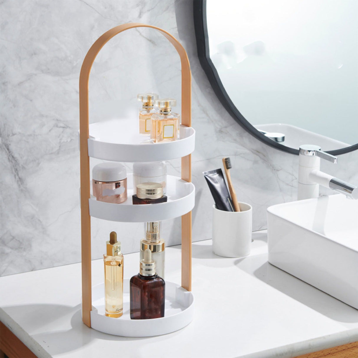 3 Layers Round Storage Rack Integral Handle 3 Layer Storage Round Stand for Bathroom Apricot