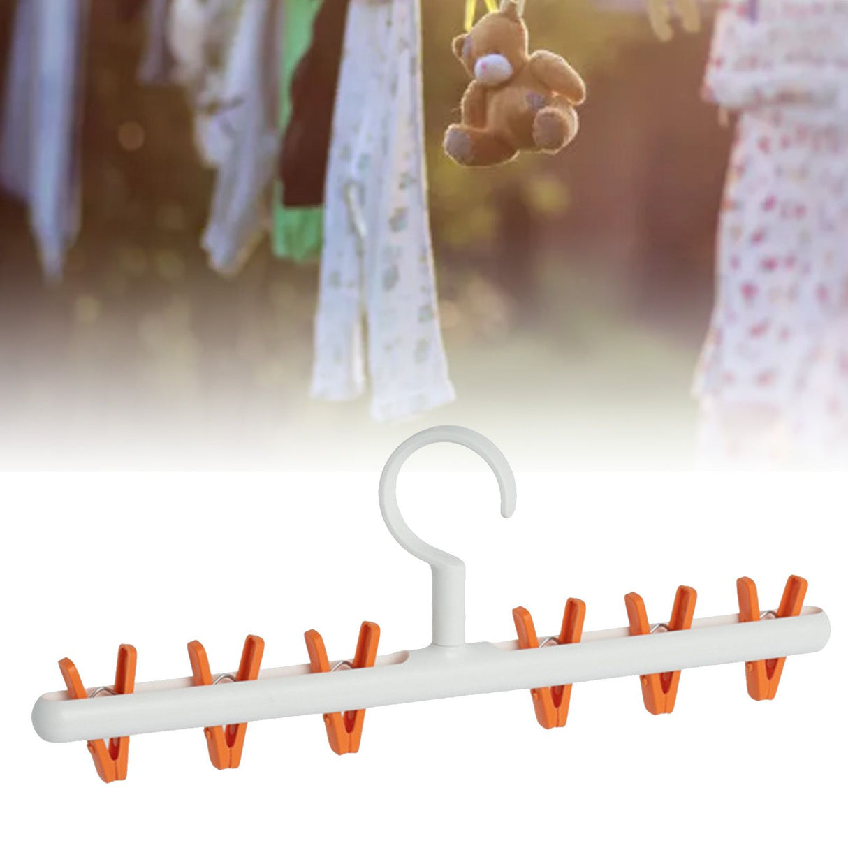 Plastic Sock Clips Drying Rack 6 Clips Prevent Tangle 360 Degree Rotatable Multifunctional Laundry Hanger for Home White Orange