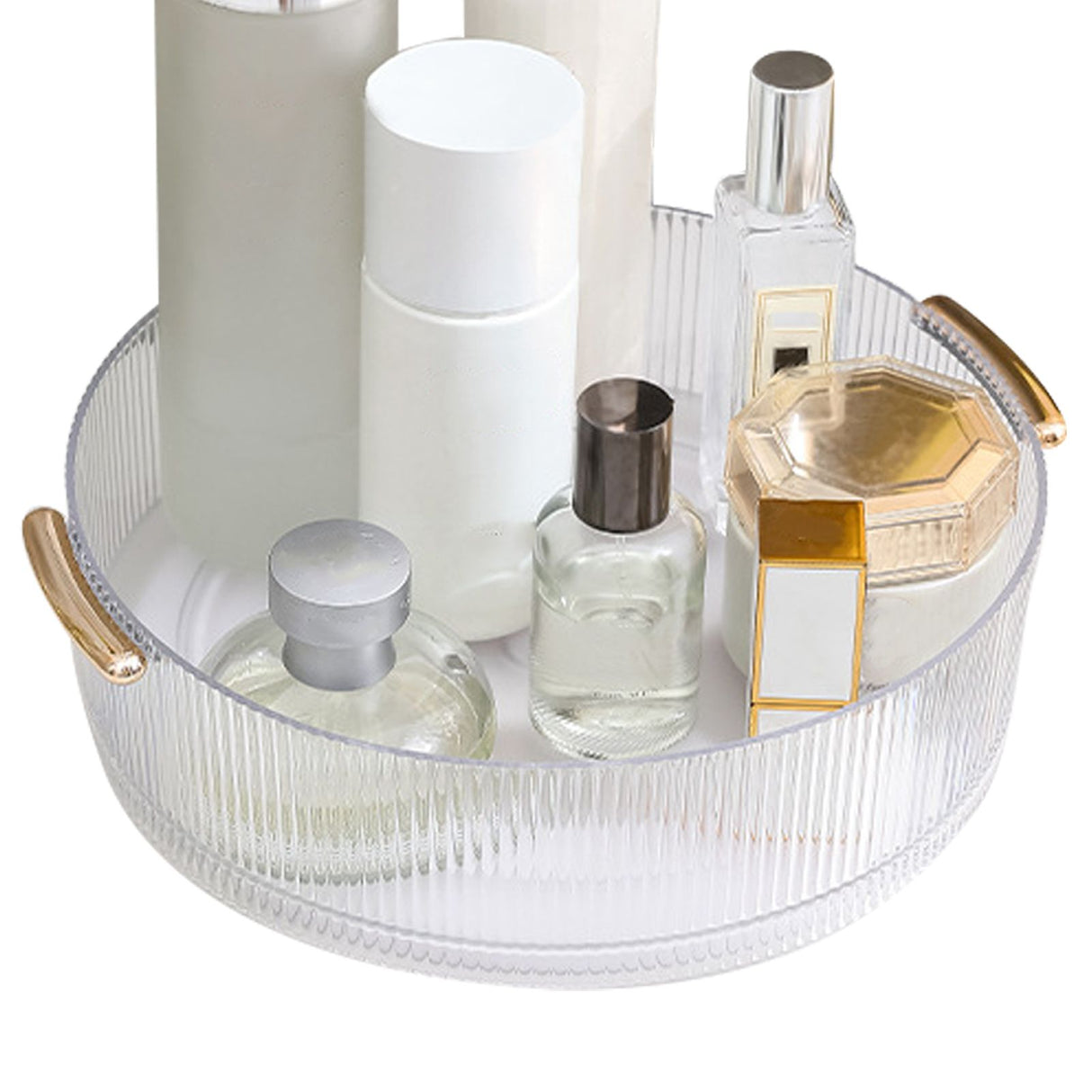 360 Rotating Cosmetic Organizer Texture Storage Rotating Makeup Desk Organizer with Handle for Bathroom Washroom Transparent