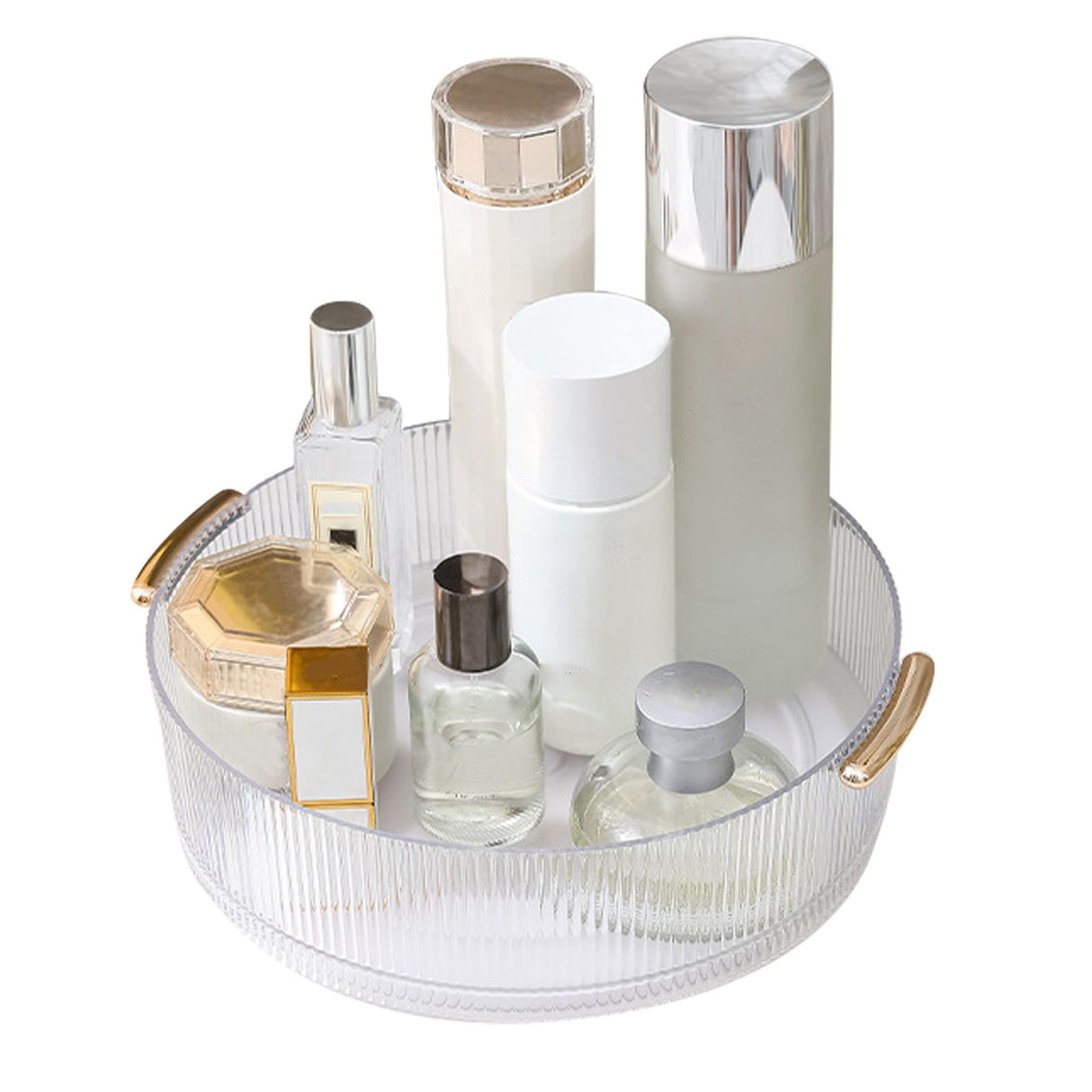 360 Rotating Cosmetic Organizer Texture Storage Rotating Makeup Desk Organizer with Handle for Bathroom Washroom Transparent