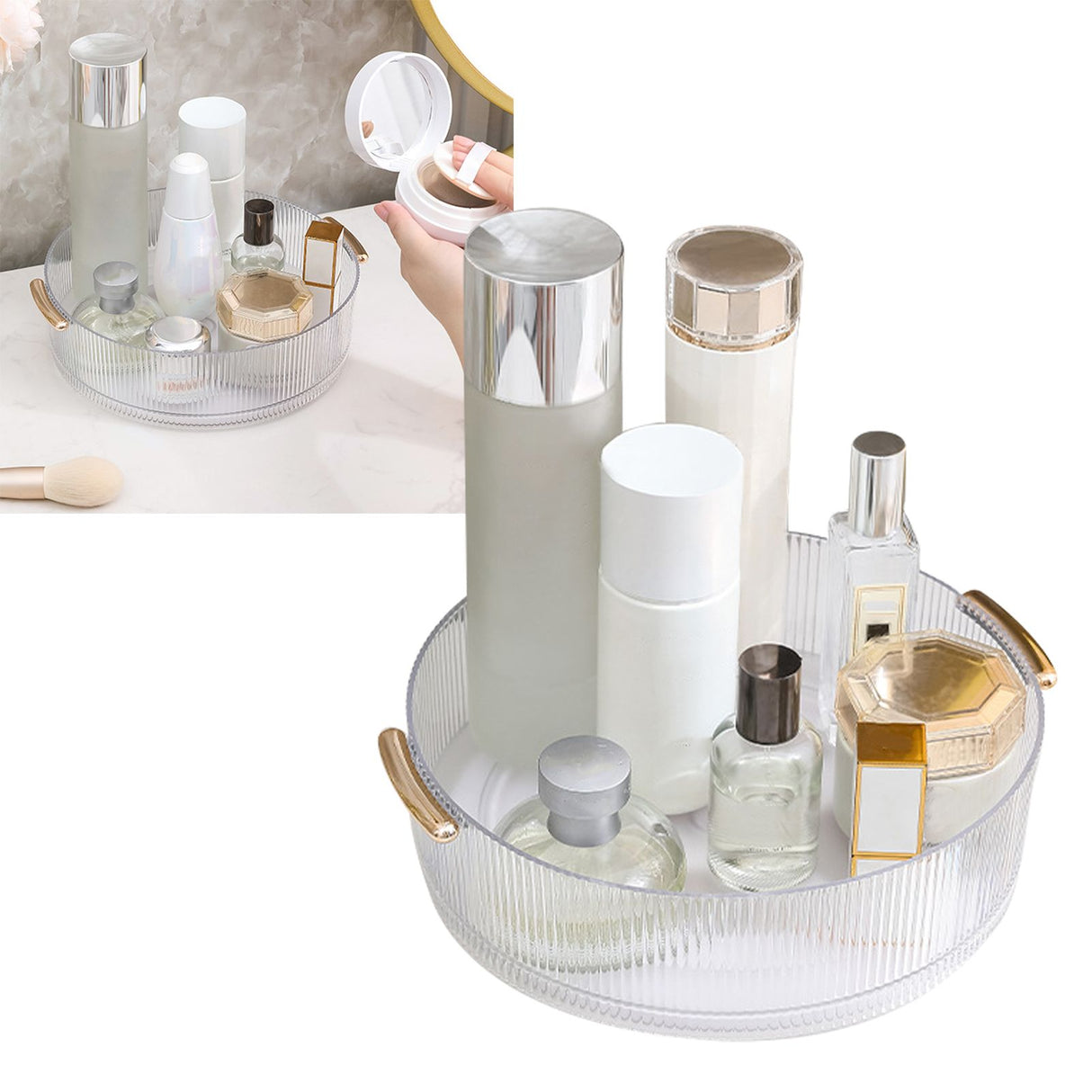 360 Rotating Cosmetic Organizer Texture Storage Rotating Makeup Desk Organizer with Handle for Bathroom Washroom Transparent