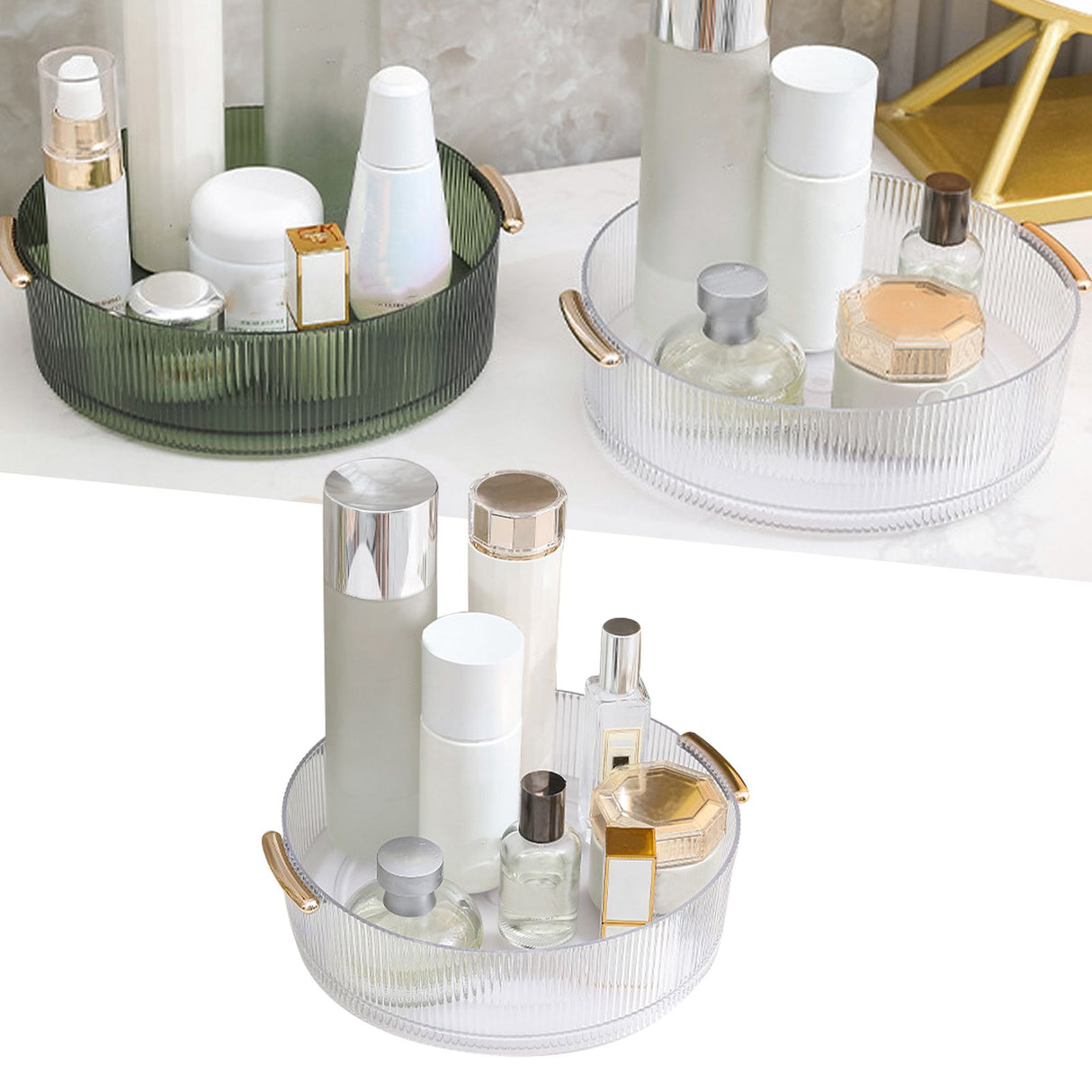 360 Rotating Cosmetic Organizer Texture Storage Rotating Makeup Desk Organizer with Handle for Bathroom Washroom Transparent