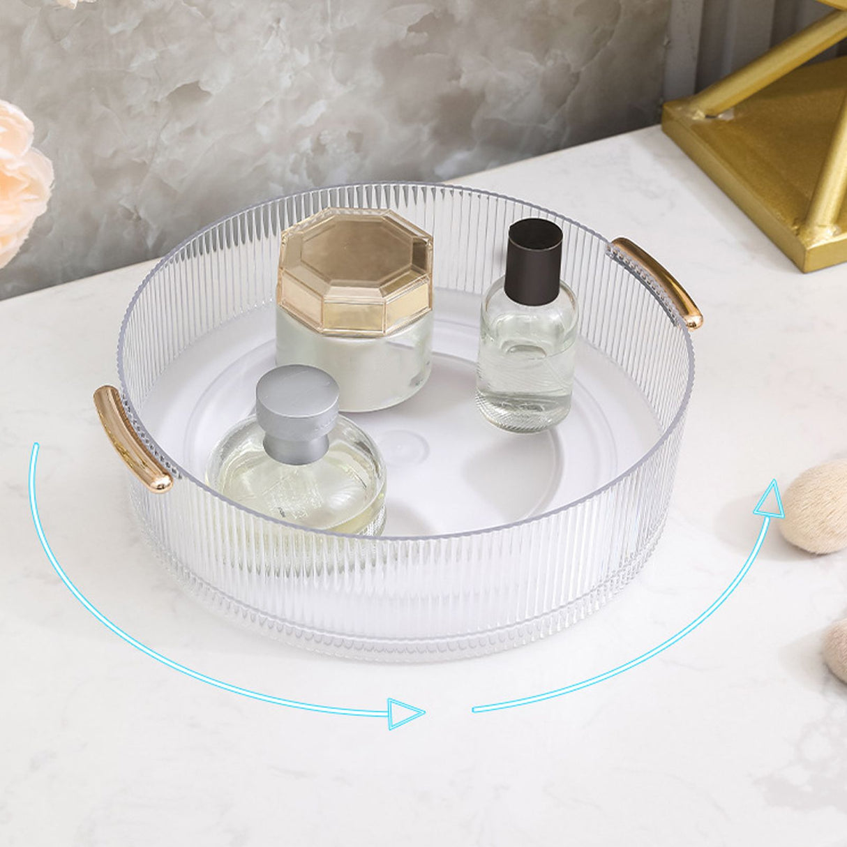 360 Rotating Cosmetic Organizer Texture Storage Rotating Makeup Desk Organizer with Handle for Bathroom Washroom Transparent