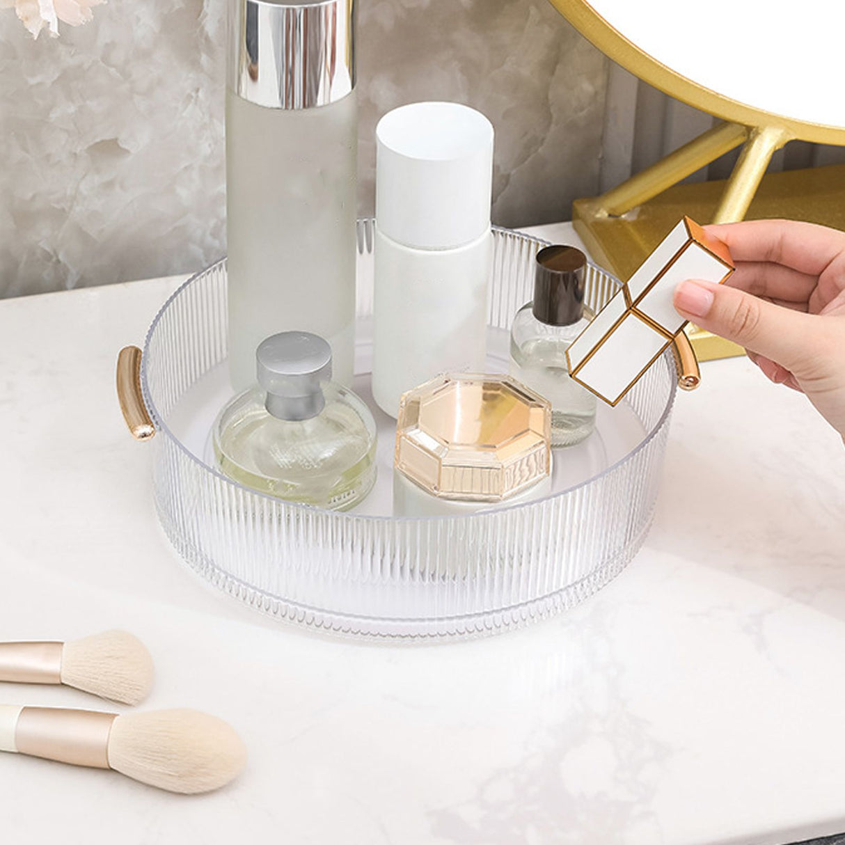 360 Rotating Cosmetic Organizer Texture Storage Rotating Makeup Desk Organizer with Handle for Bathroom Washroom Transparent