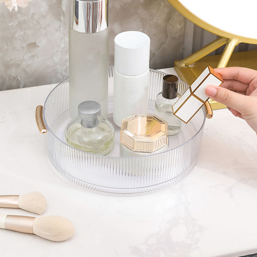 360 Rotating Cosmetic Organizer Texture Storage Rotating Makeup Desk Organizer with Handle for Bathroom Washroom Transparent