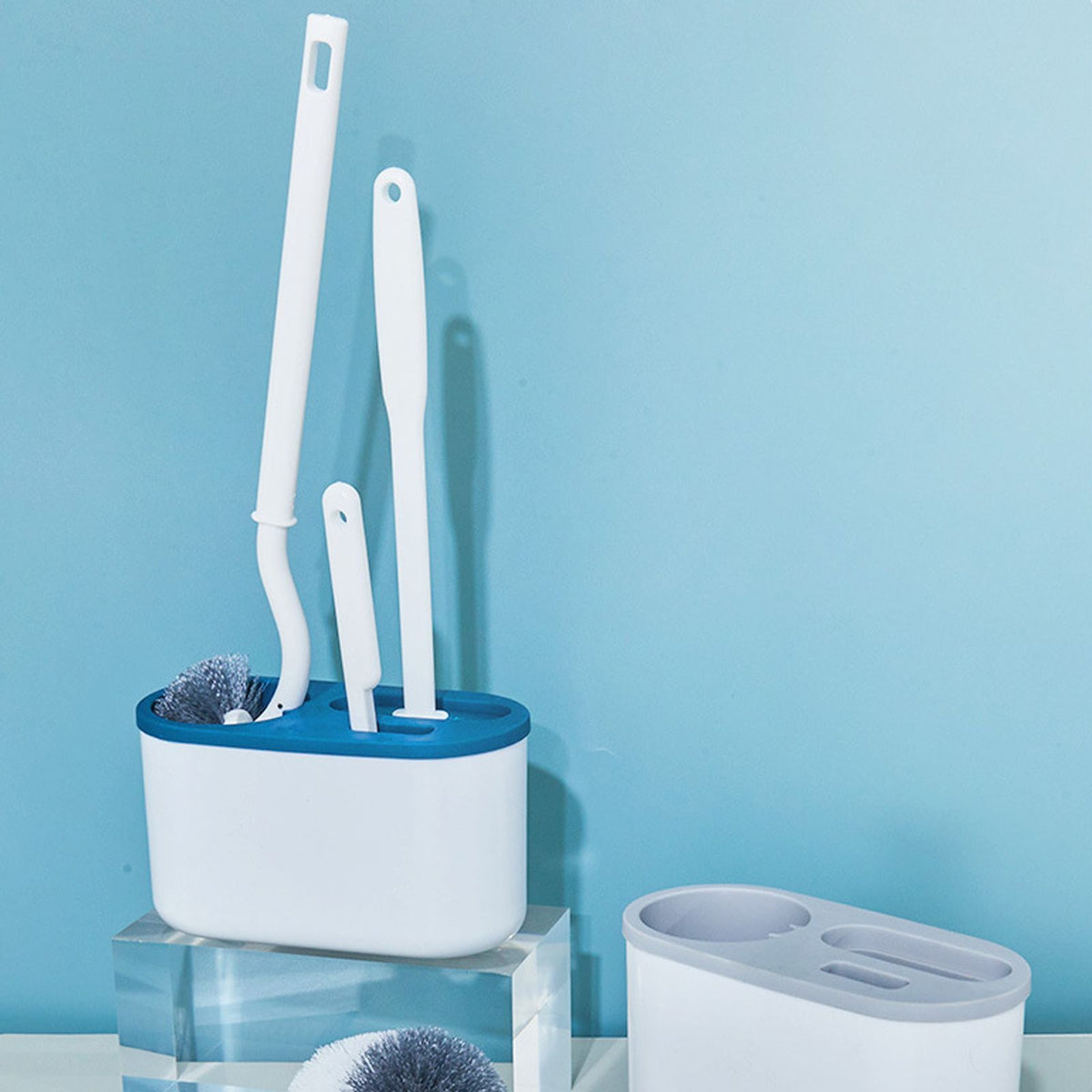 4 Pieces Toilet Bowl Brush Set Punch Free Wall Mounted Toilet Brush Holder with 3 Brush for Bathroom Blue