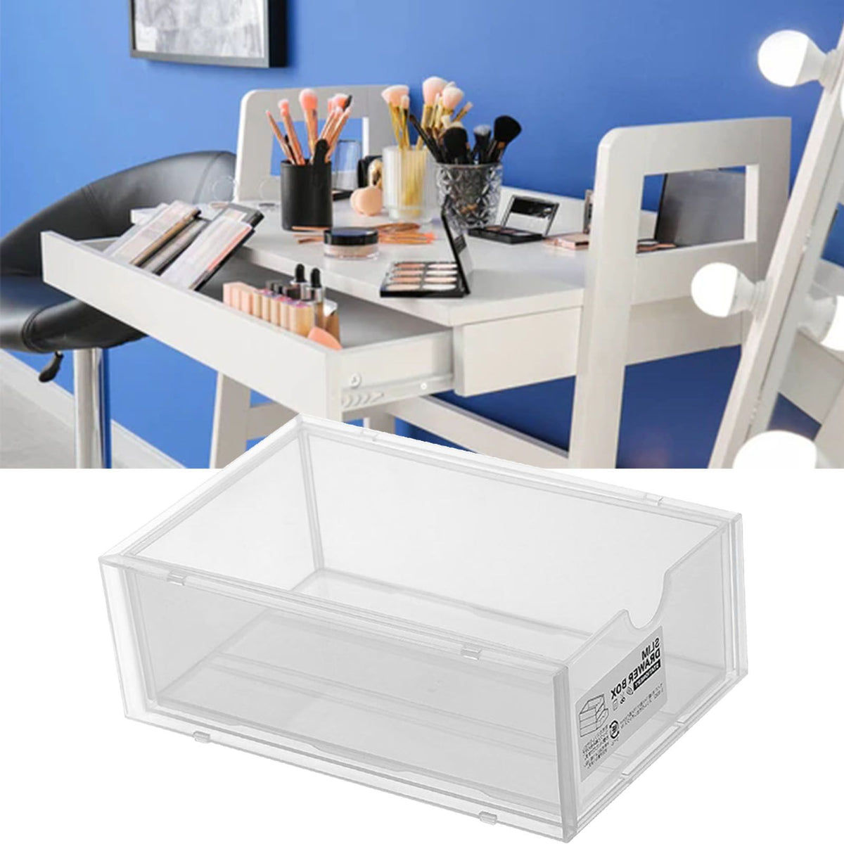 Desktop Storage Box Plastic Desk Makeup Organizer Stationery Supplies Storage Box with Drawer Transparent