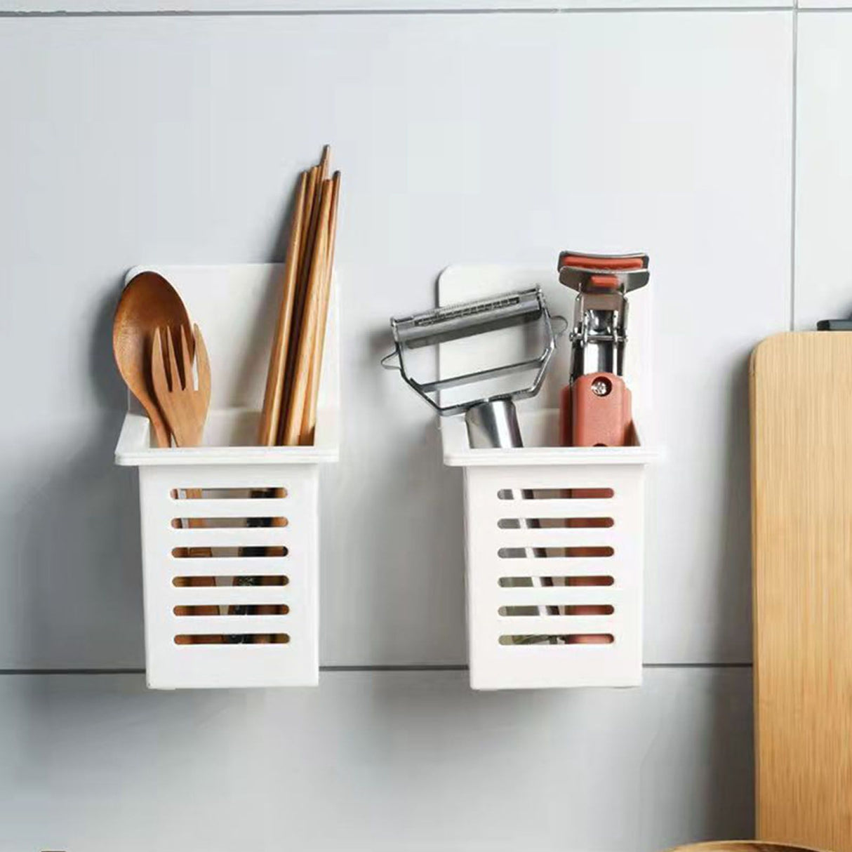 Bathroom Kitchen Draining Shelf Plastic Adhesive Waterproof Small Wall Chopsticks Basket Organizer White