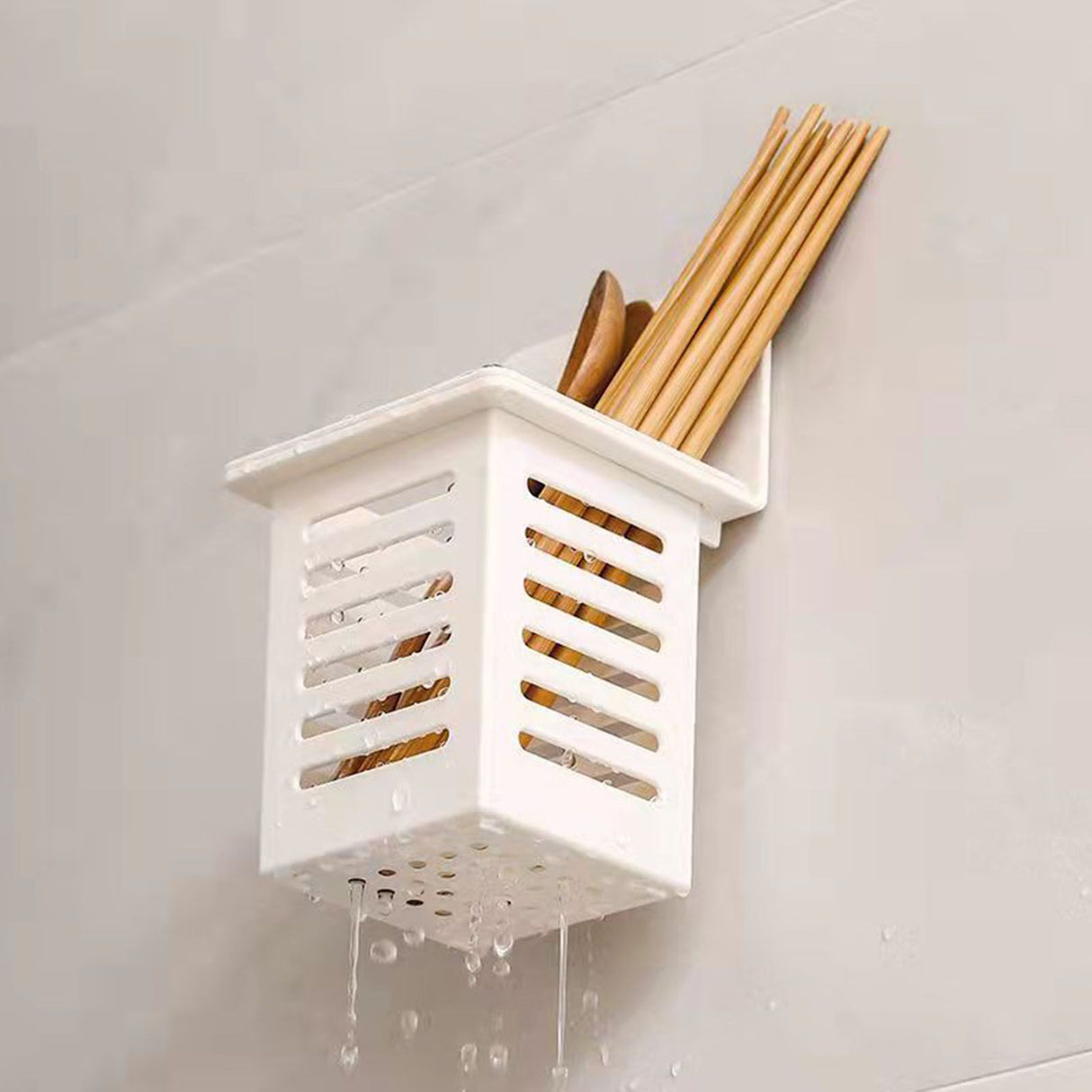 Bathroom Kitchen Draining Shelf Plastic Adhesive Waterproof Small Wall Chopsticks Basket Organizer White