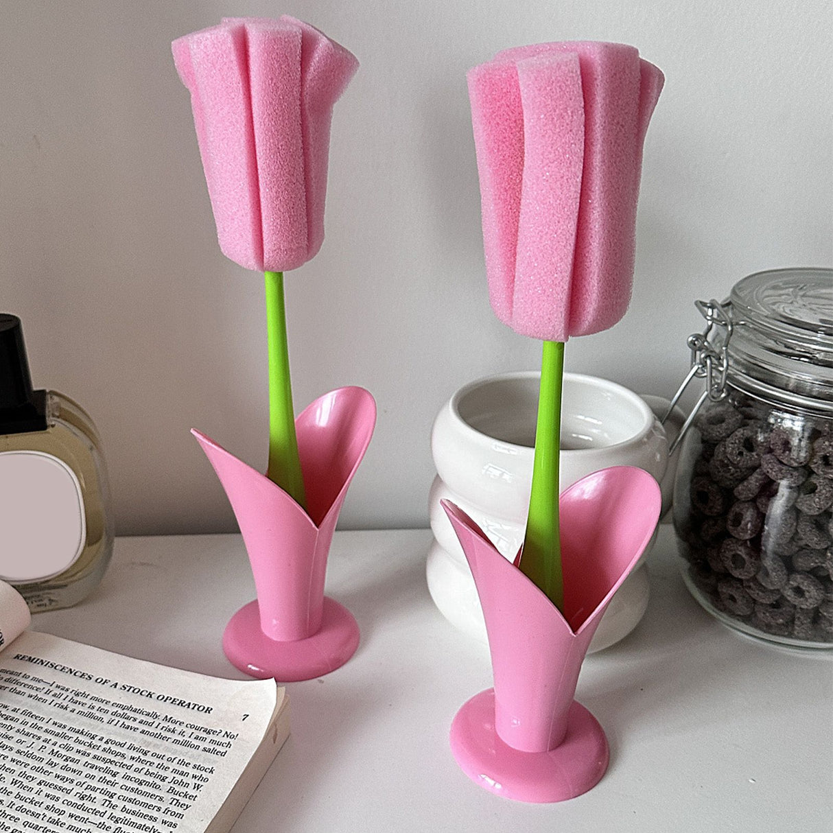 2PCS Sponge Cleaning Brush Long Handle Grip Cup Brush for Coffee Mugs Winebottle Baby Bottles Pink