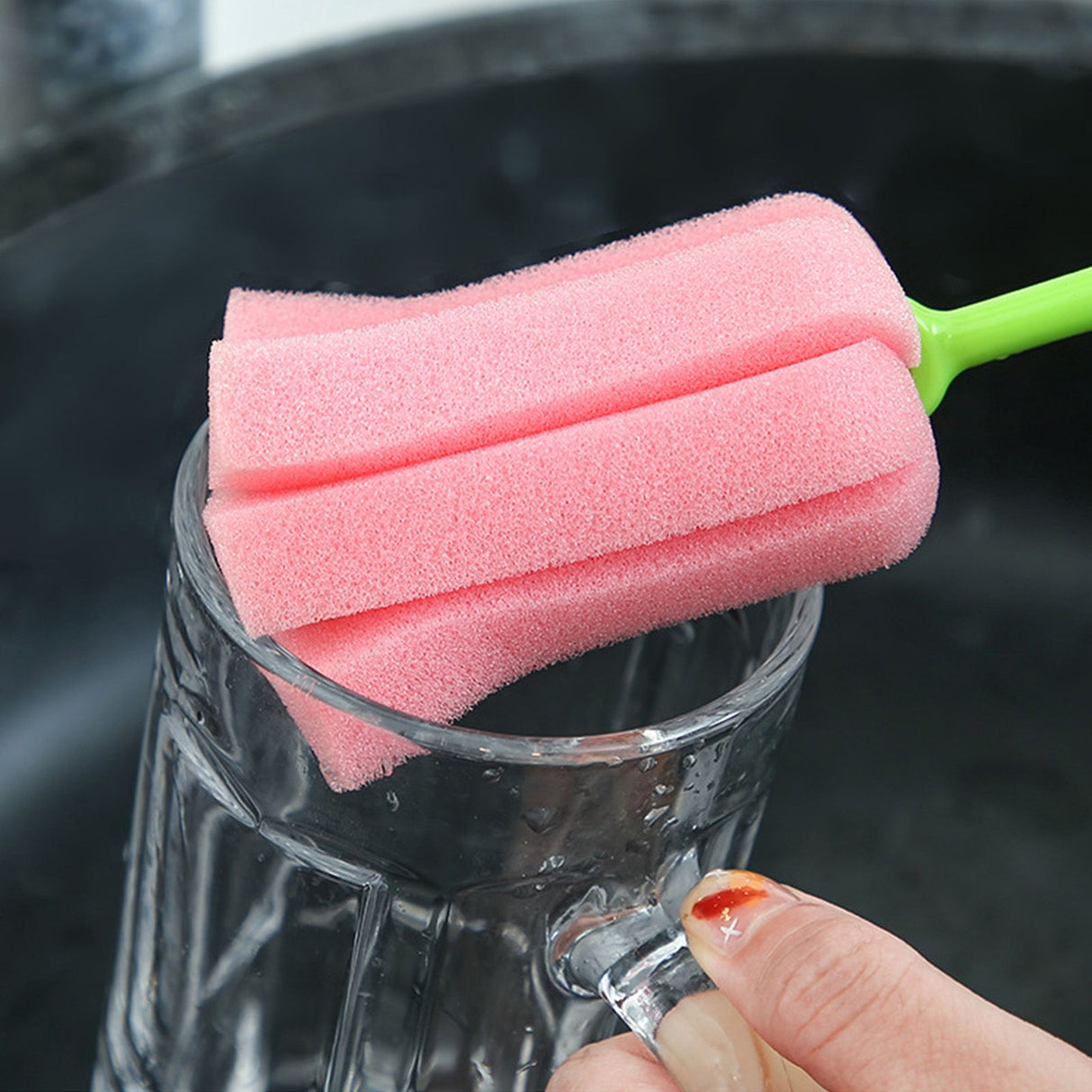 2PCS Sponge Cleaning Brush Long Handle Grip Cup Brush for Coffee Mugs Winebottle Baby Bottles Pink