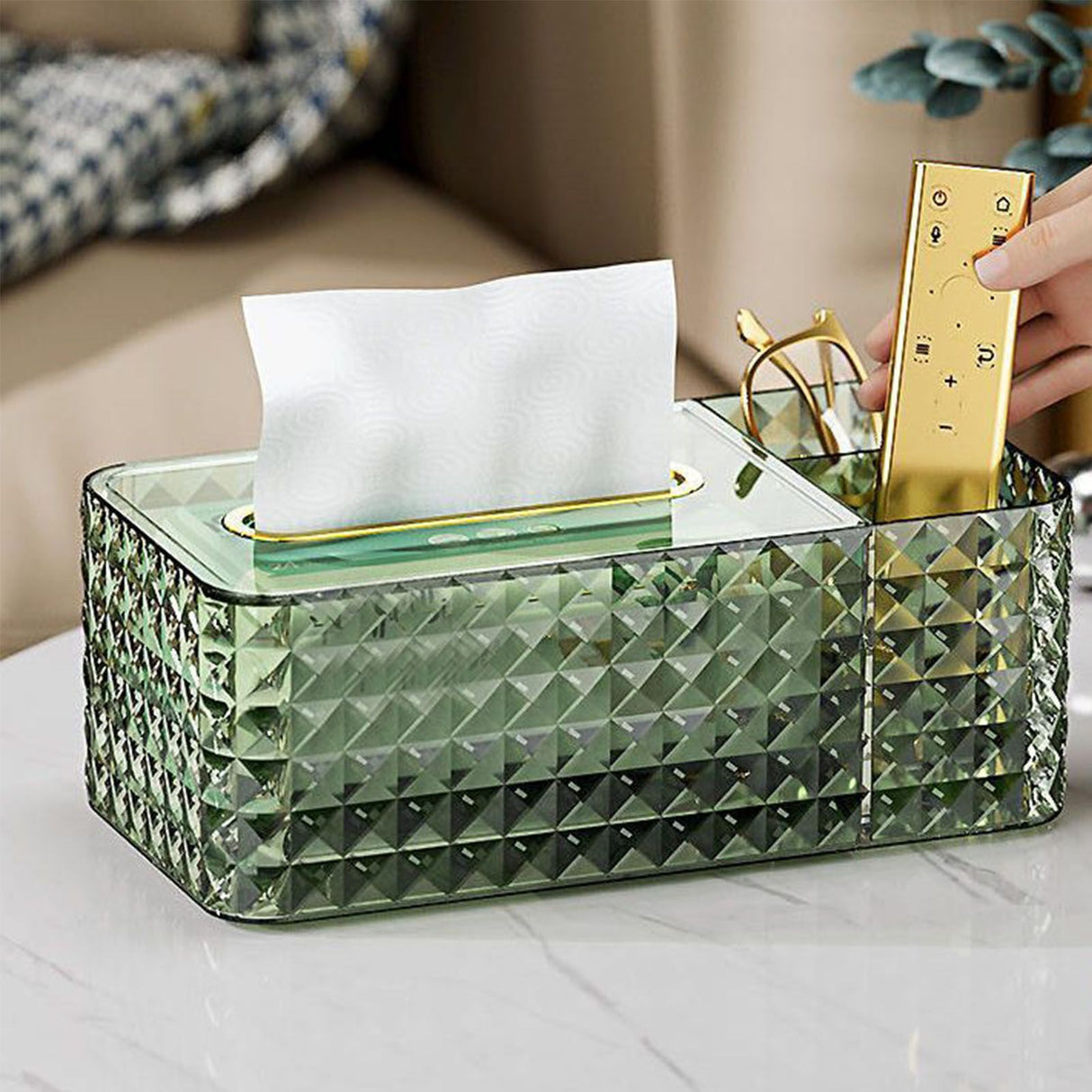Tissue Storage Box Rhombus Texture Side Partition Towel Napkin Container Case Transparent Green