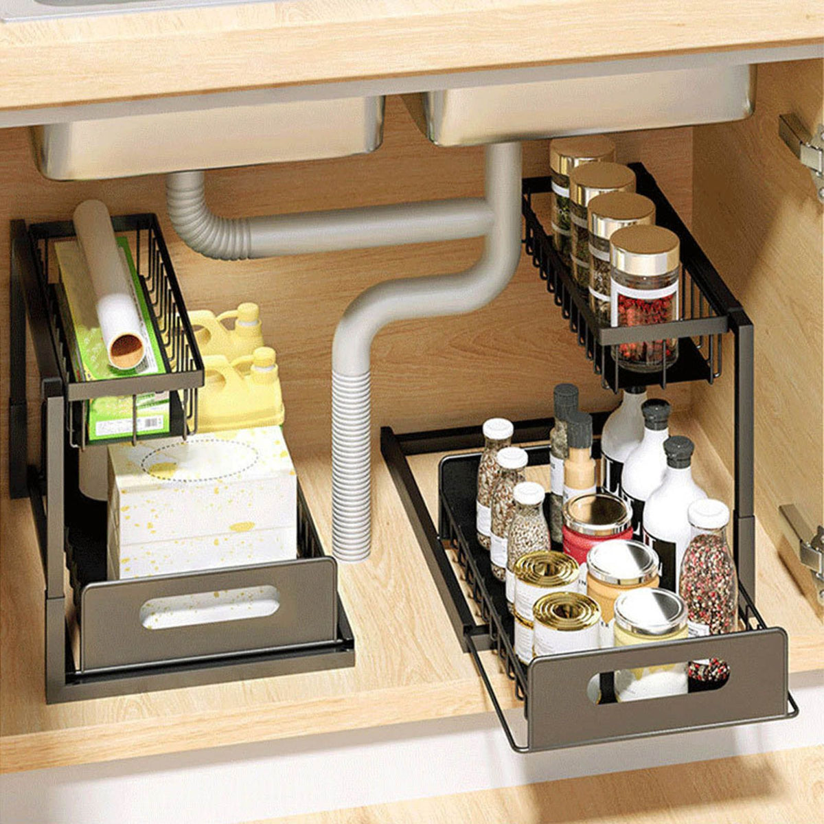 Under Sink Organizers and Storage Sliding Cabinet Basket Organizer 2 Tier Under Bathroom Storage Rack for Bathroom Kitchen Black