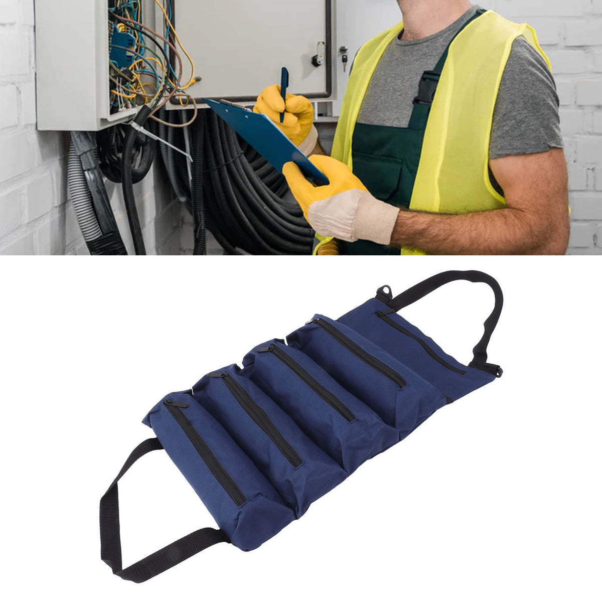 Roll Up Tool Bag 5 Zipper Pockets Portable Oxford Cloth Electricians Tool Bag for Carpenter Plumber Blue