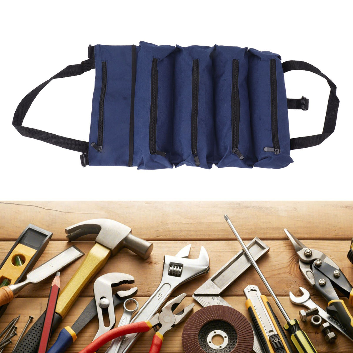 Roll Up Tool Bag 5 Zipper Pockets Portable Oxford Cloth Electricians Tool Bag for Carpenter Plumber Blue