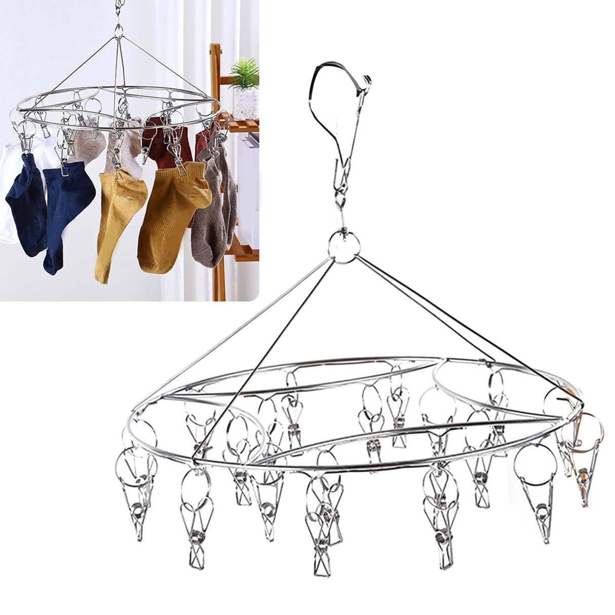 Clothes Drying Hanger Stainless Steel Multi Clip Laundry Drip Hanging Rack for Underwear Socks Hat Round