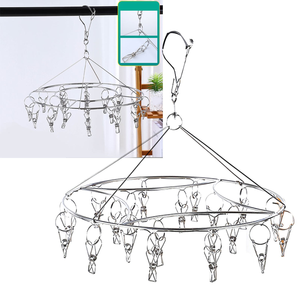 Clothes Drying Hanger Stainless Steel Multi Clip Laundry Drip Hanging Rack for Underwear Socks Hat Round
