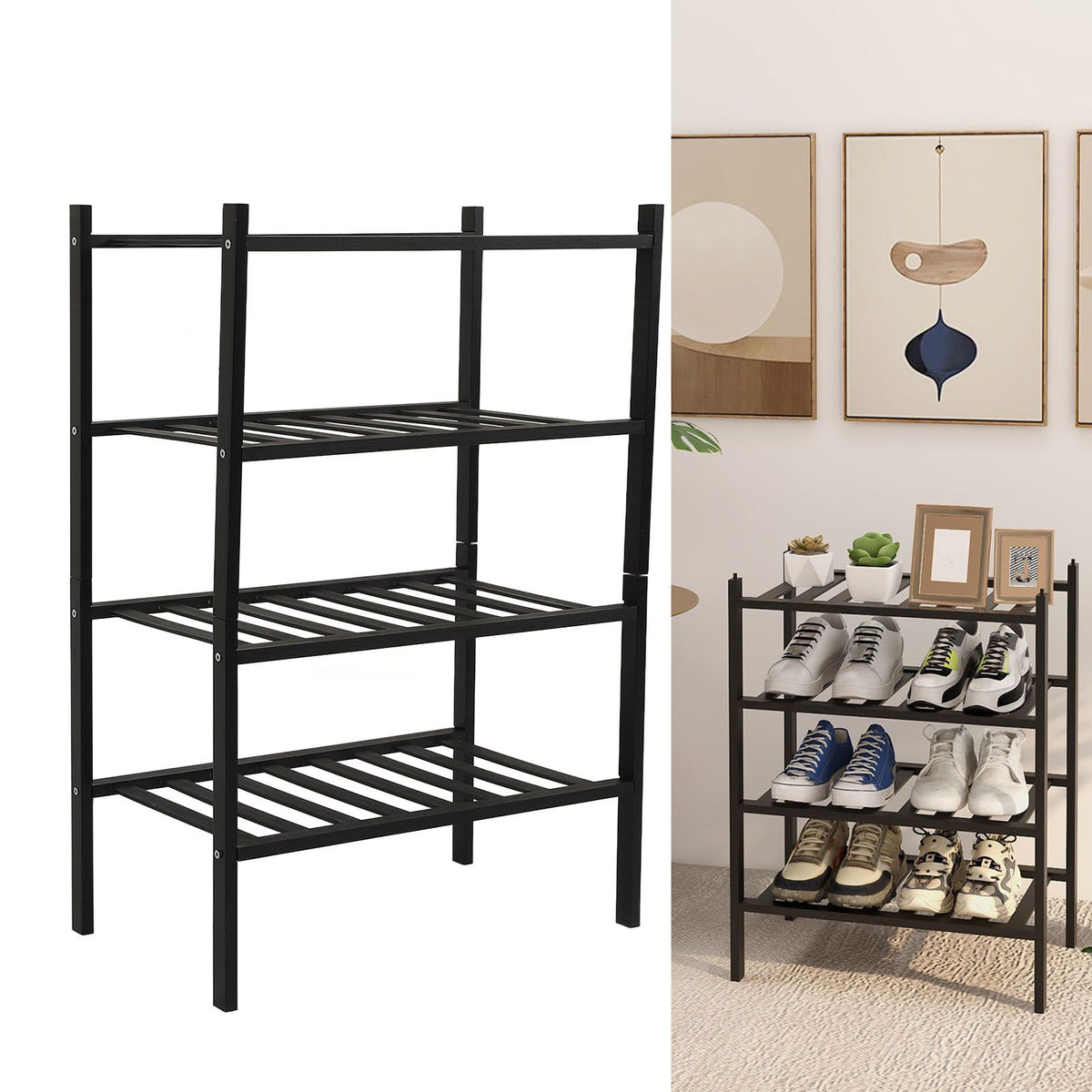 Bamboo Shoe Rack Stackable Shoe Shelf Storage Organizer for Closet Entryway Hallway Bathroom Living Room Black 4 Layer