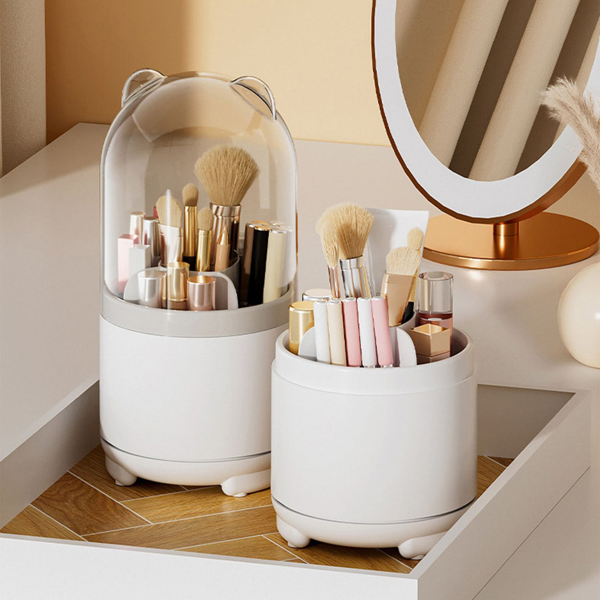 Makeup Brush Storage Container 360 Degree Rotating Dust Prevention Transparent Lid Large Capacity Makeup Brush Holder White