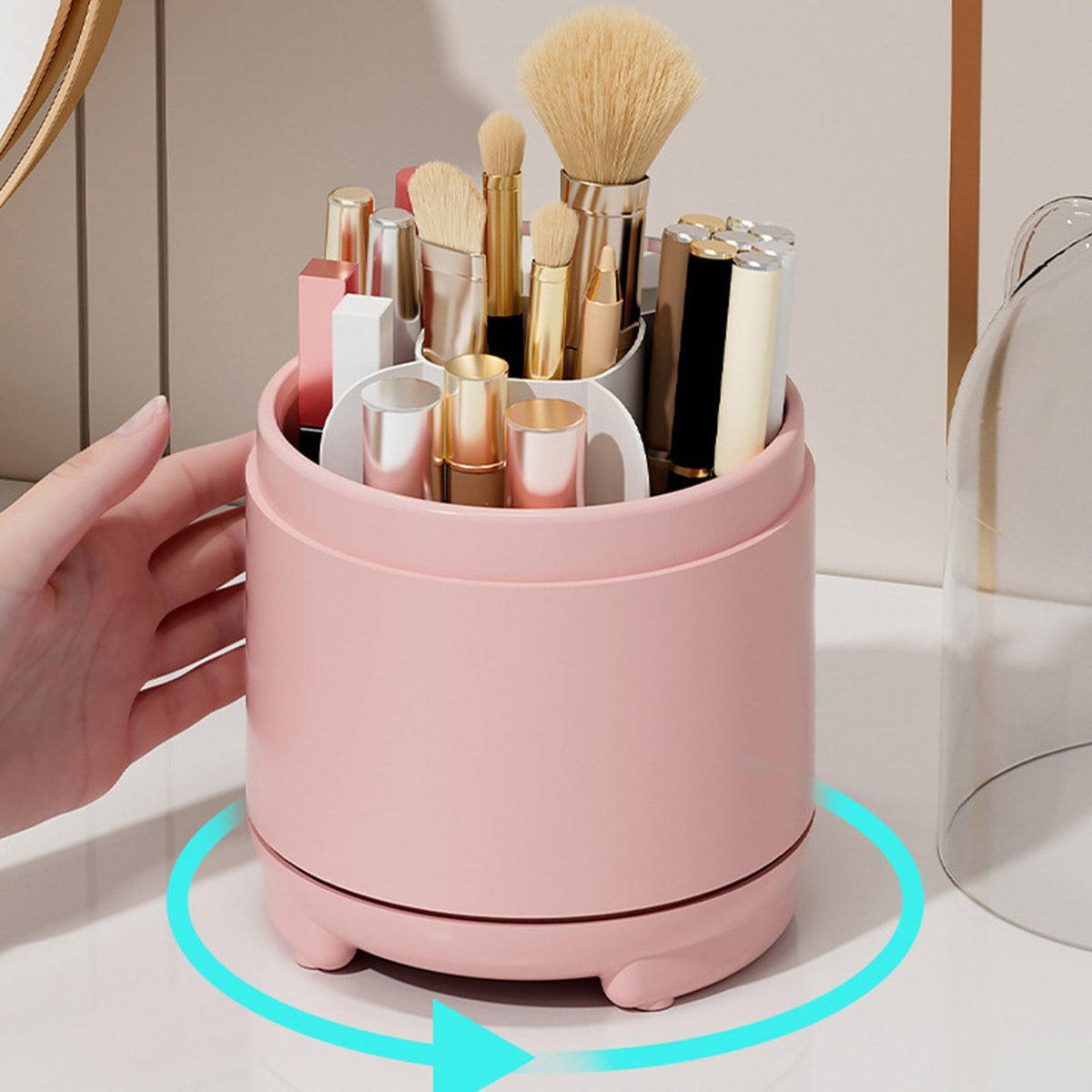 Makeup Brush Storage Container 360 Degree Rotating Dust Prevention Transparent Lid Large Capacity Makeup Brush Holder Pink