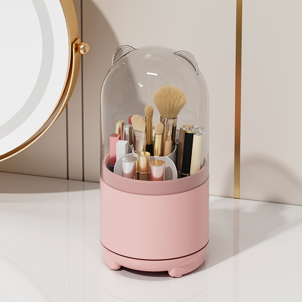 Makeup Brush Storage Container 360 Degree Rotating Dust Prevention Transparent Lid Large Capacity Makeup Brush Holder Pink