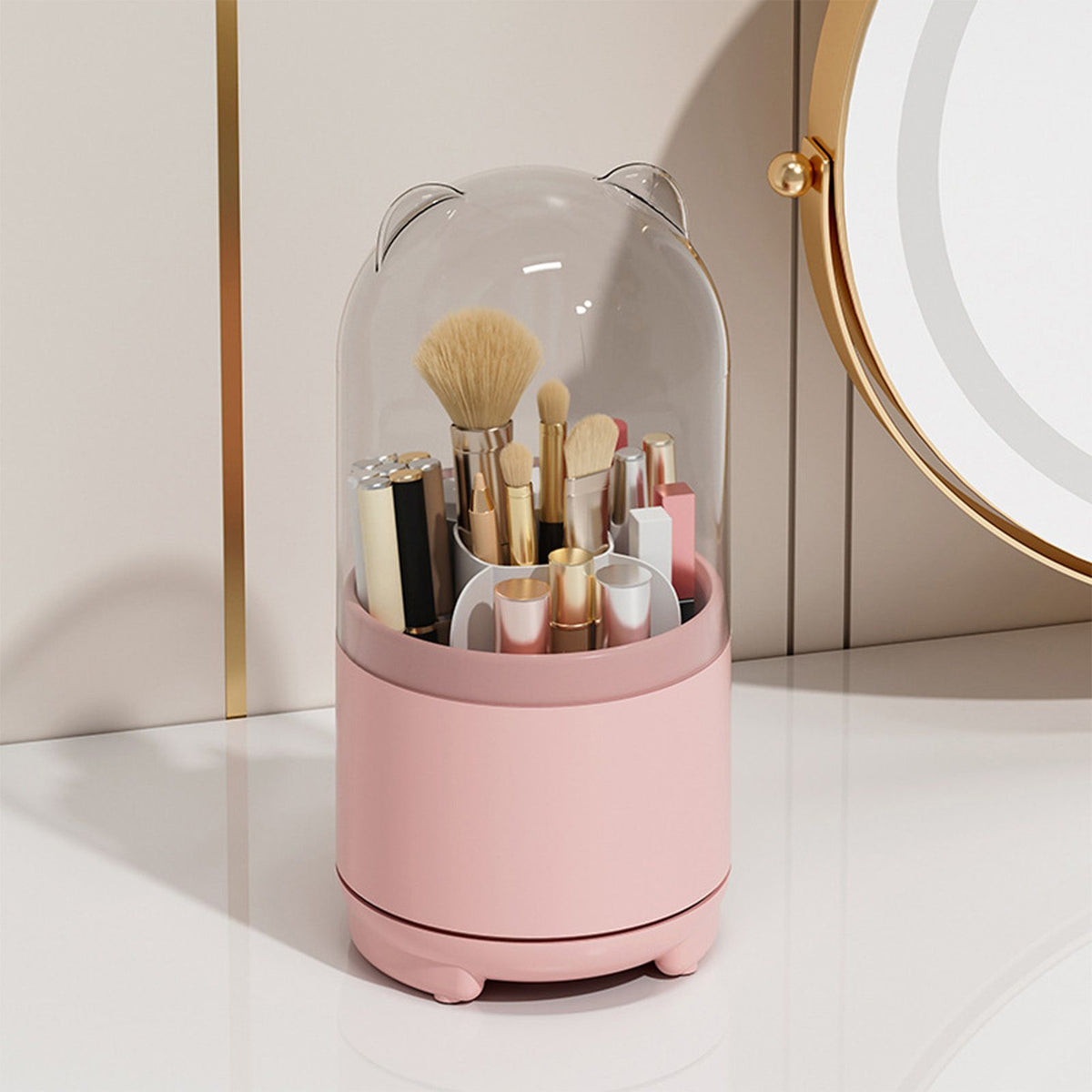 Makeup Brush Storage Container 360 Degree Rotating Dust Prevention Transparent Lid Large Capacity Makeup Brush Holder Pink