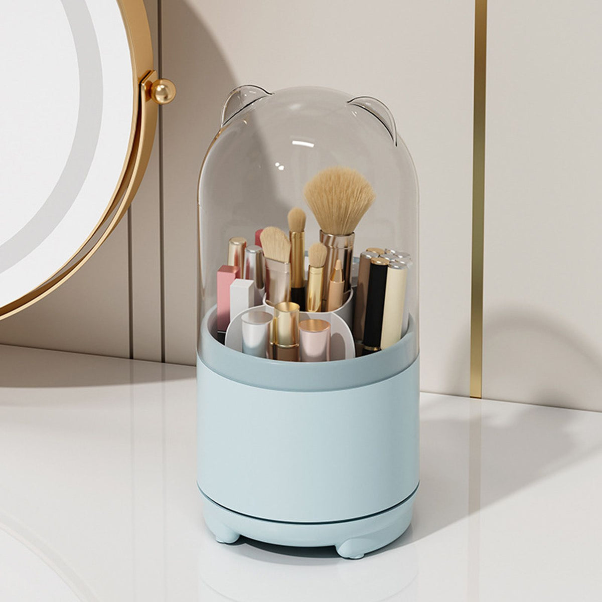 Makeup Brush Storage Container 360 Degree Rotating Dust Prevention Transparent Lid Large Capacity Makeup Brush Holder Blue