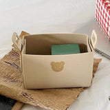 Felt Storage Basket with Handles Foldable Laundry Snacks Toys Clothes Bin for Home Desktop Bear Pattern Beige