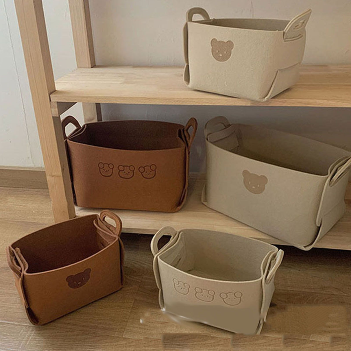 Felt Storage Basket with Handles Foldable Laundry Snacks Toys Clothes Bin for Home Desktop Bear Pattern Beige