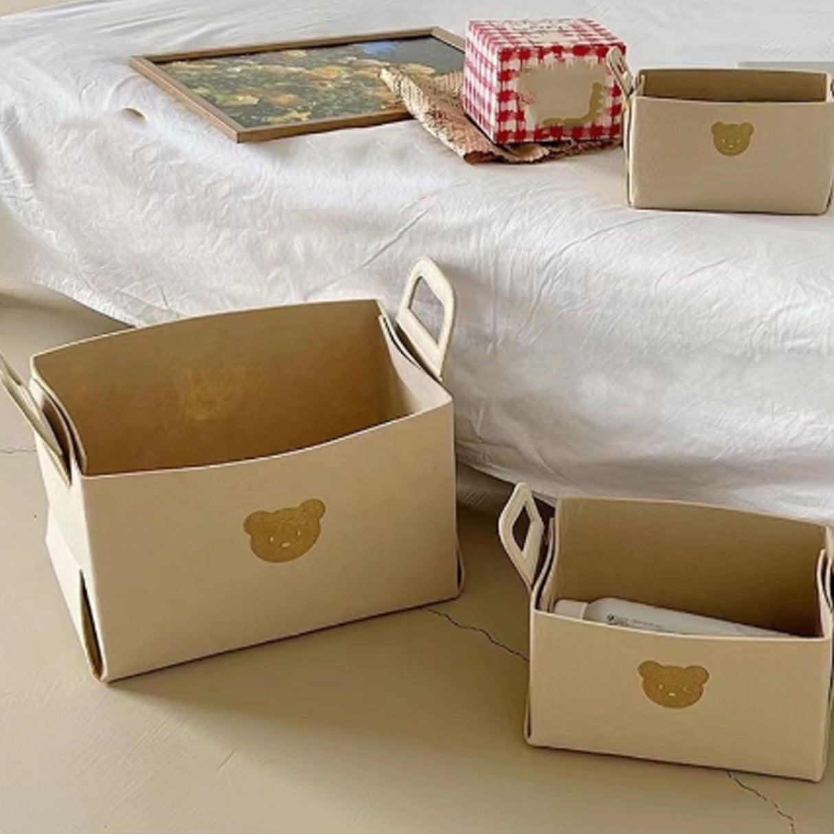 Felt Storage Basket with Handles Foldable Laundry Snacks Toys Clothes Bin for Home Desktop Bear Pattern Beige