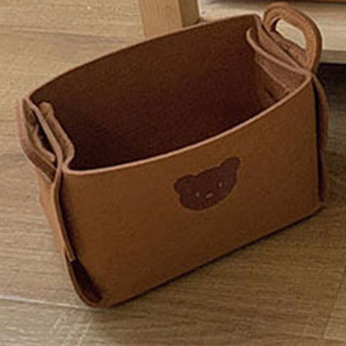 Felt Storage Basket with Handles Foldable Laundry Snacks Toys Clothes Bin for Home Desktop Bear Pattern Reddish Brown