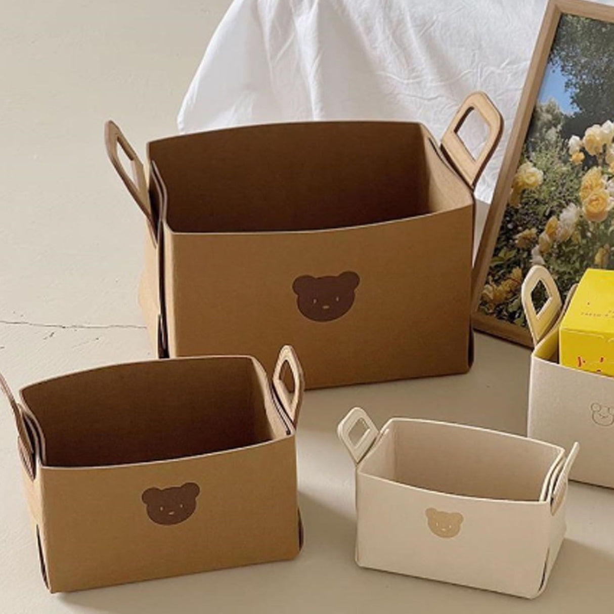 Felt Storage Basket with Handles Foldable Laundry Snacks Toys Clothes Bin for Home Desktop Bear Pattern Reddish Brown