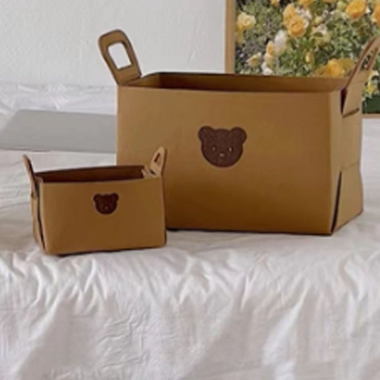 Felt Storage Basket with Handles Foldable Laundry Snacks Toys Clothes Bin for Home Desktop Bear Pattern Reddish Brown