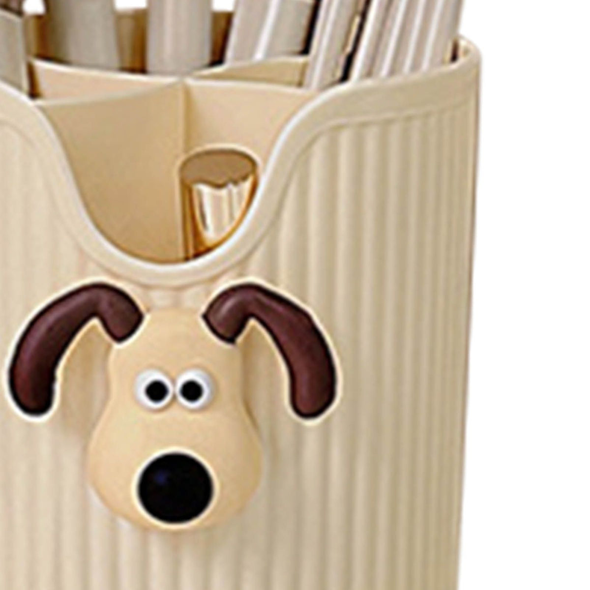 Desk Pencil Pen Holder 4 Compartments Large Capacity Cute School Supplies Makeup Brush Organizer Milky Yellow Dog Head