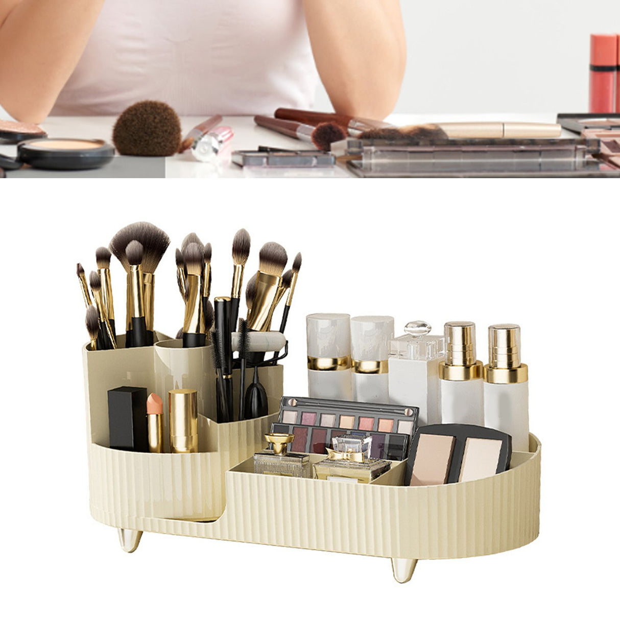 Makeup Storage Organizer Large Capacity Perforation Free Rotatable Partition Cosmetic Storage Box White