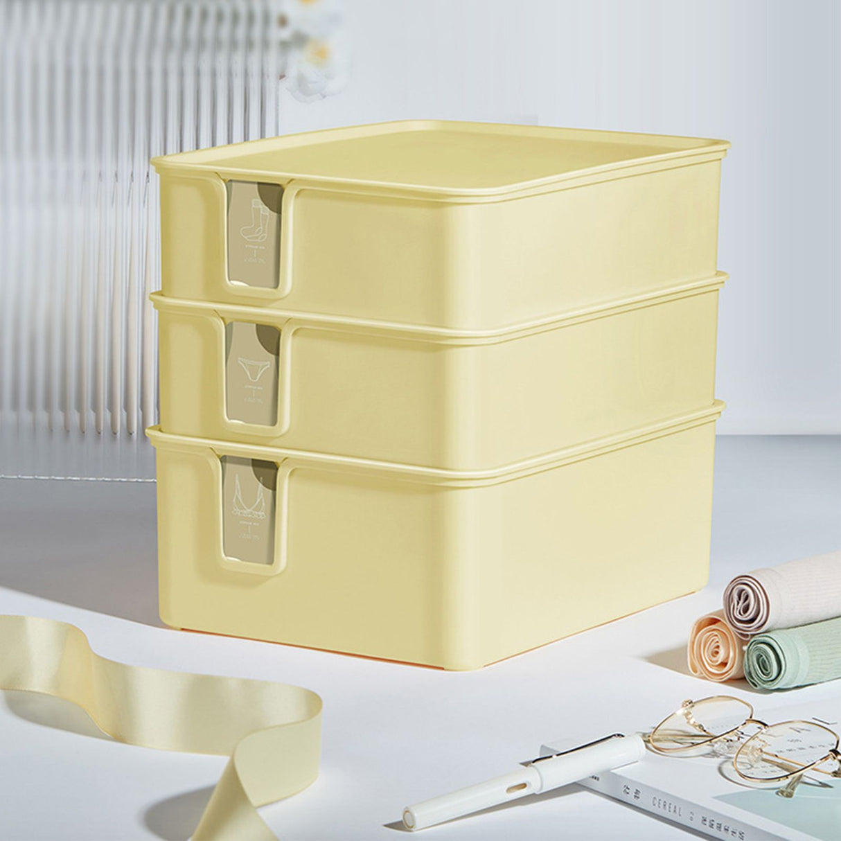 Sock Underwear Organizer Divider Plastic 15 Cell Closet Drawer Storage Box for Panty Ornament Ties Yellow