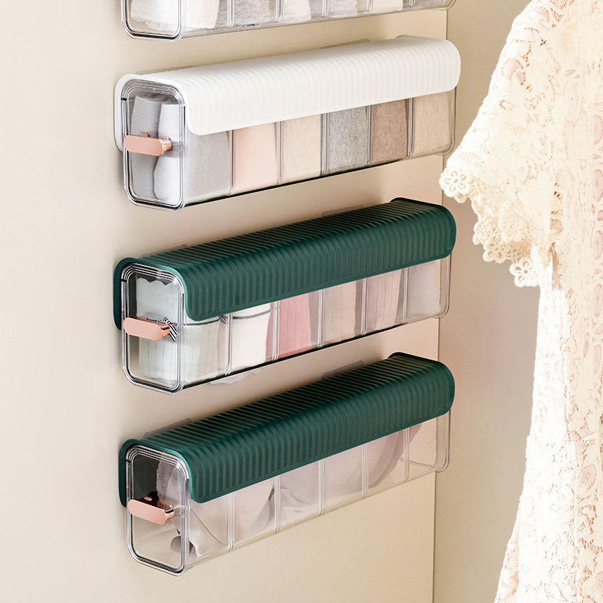 Wall Underwear Organizer Detachable Dustproof Moistureproof Wall Mount Drawer Organizer for Bedroom Home Blackish Green