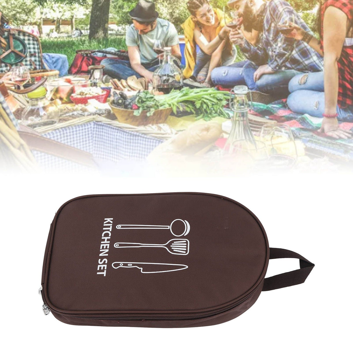 Camping Utensil Bag Canvas Cookware Knife Storage Bag Portable Tools Travel Bag for Outdoor BBQ Brown