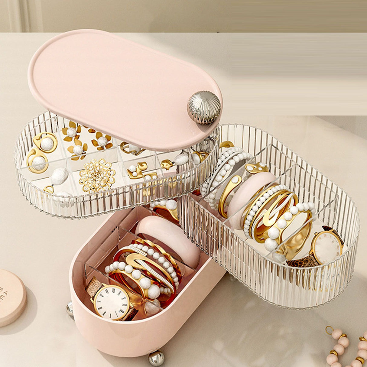 Desktop Storage Box 3 Tier Rotating Divided Organizer for Jewelry Data Cable Cosmetic Cream Pink