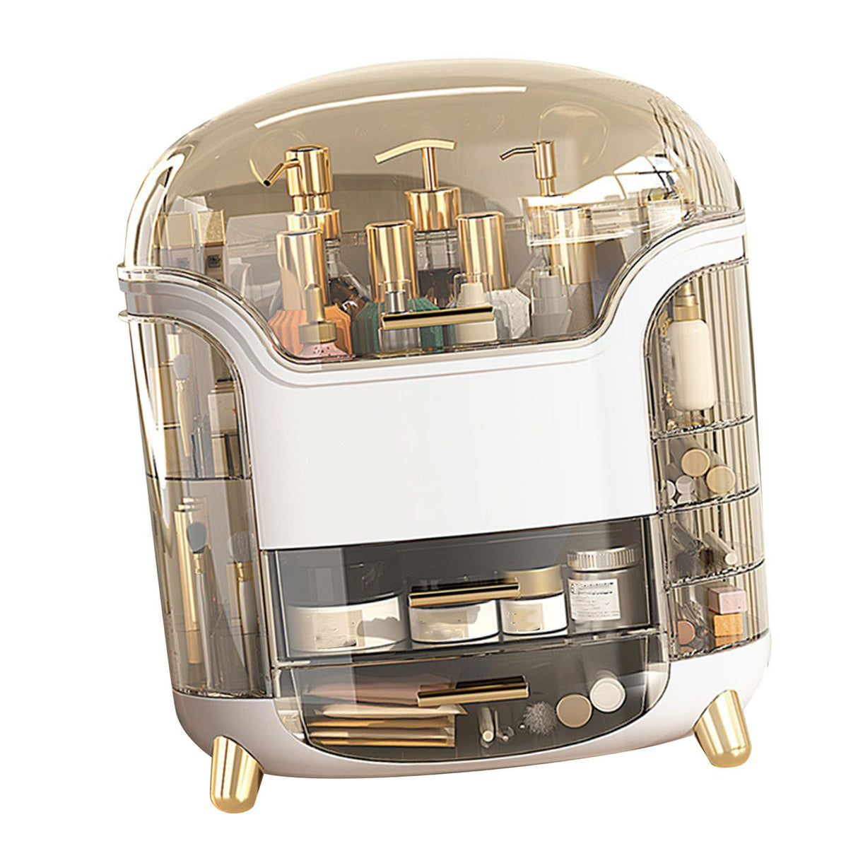 Cosmetic Box Large Capacity Compartment Storage Rotatable Waterproof Transparent Vertical Makeup Organizer White