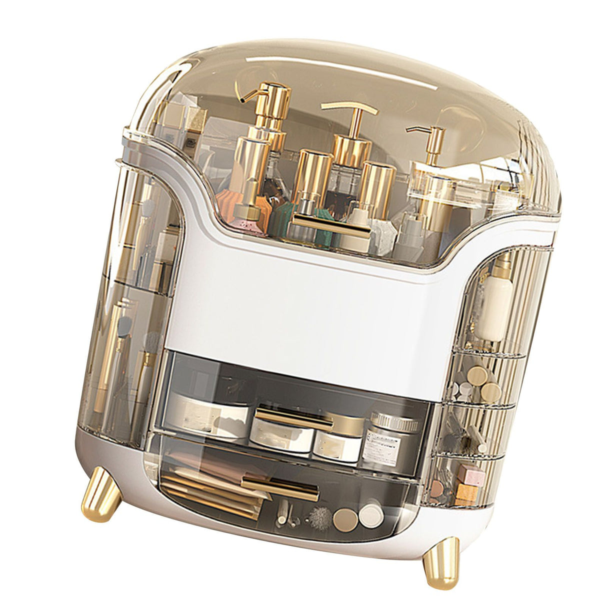 Cosmetic Box Large Capacity Compartment Storage Rotatable Waterproof Transparent Vertical Makeup Organizer White