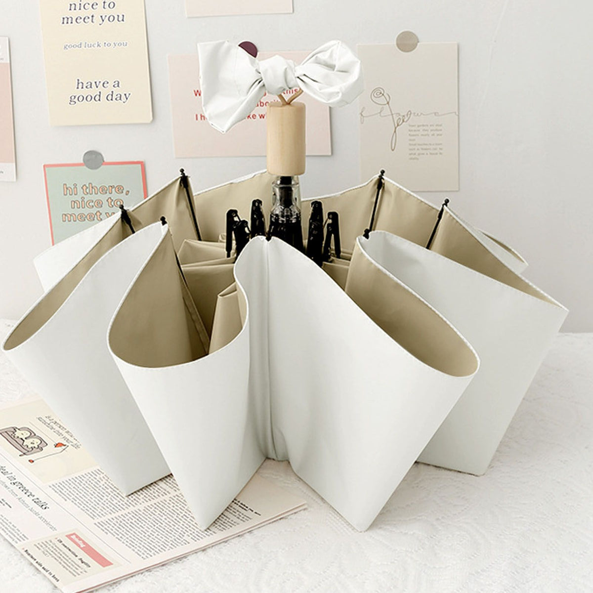 Travel Umbrella Ice Cream Color Sun Rain Proof UV Protection Foldable Portable Umbrella for Men Women White Brown