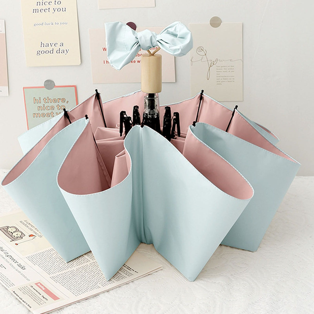 Travel Umbrella Ice Cream Color Sun Rain Proof UV Protection Foldable Portable Umbrella for Men Women Cyan Pink