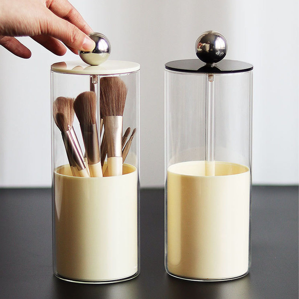 Makeup Brush Holder Organizer with Lid Liftable Dustproof Makeup Brushes Container for Vanity Desktop Countertop Nordic Style Black Cover