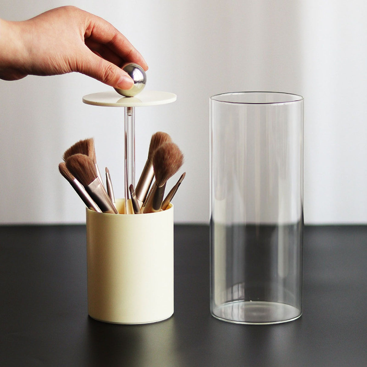 Makeup Brush Holder Organizer with Lid Liftable Dustproof Makeup Brushes Container for Vanity Desktop Countertop Nordic Style Milky White Cover
