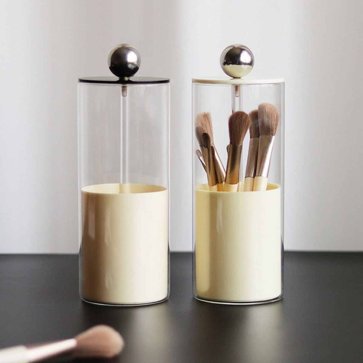 Makeup Brush Holder Organizer with Lid Liftable Dustproof Makeup Brushes Container for Vanity Desktop Countertop Nordic Style Milky White Cover