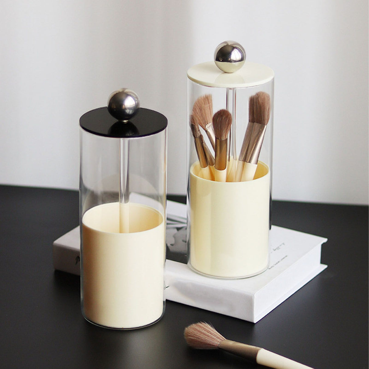 Makeup Brush Holder Organizer with Lid Liftable Dustproof Makeup Brushes Container for Vanity Desktop Countertop Nordic Style Milky White Cover