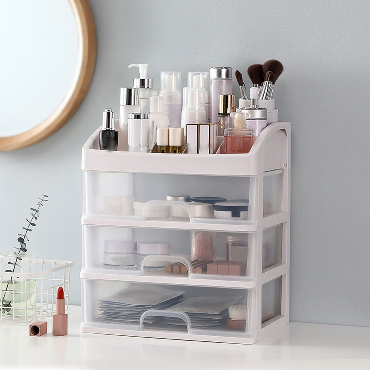 Desktop Organizer 3 Drawer Clear Plastic Desk Storage for Office Stationary Makeup Organizer Bathroom White